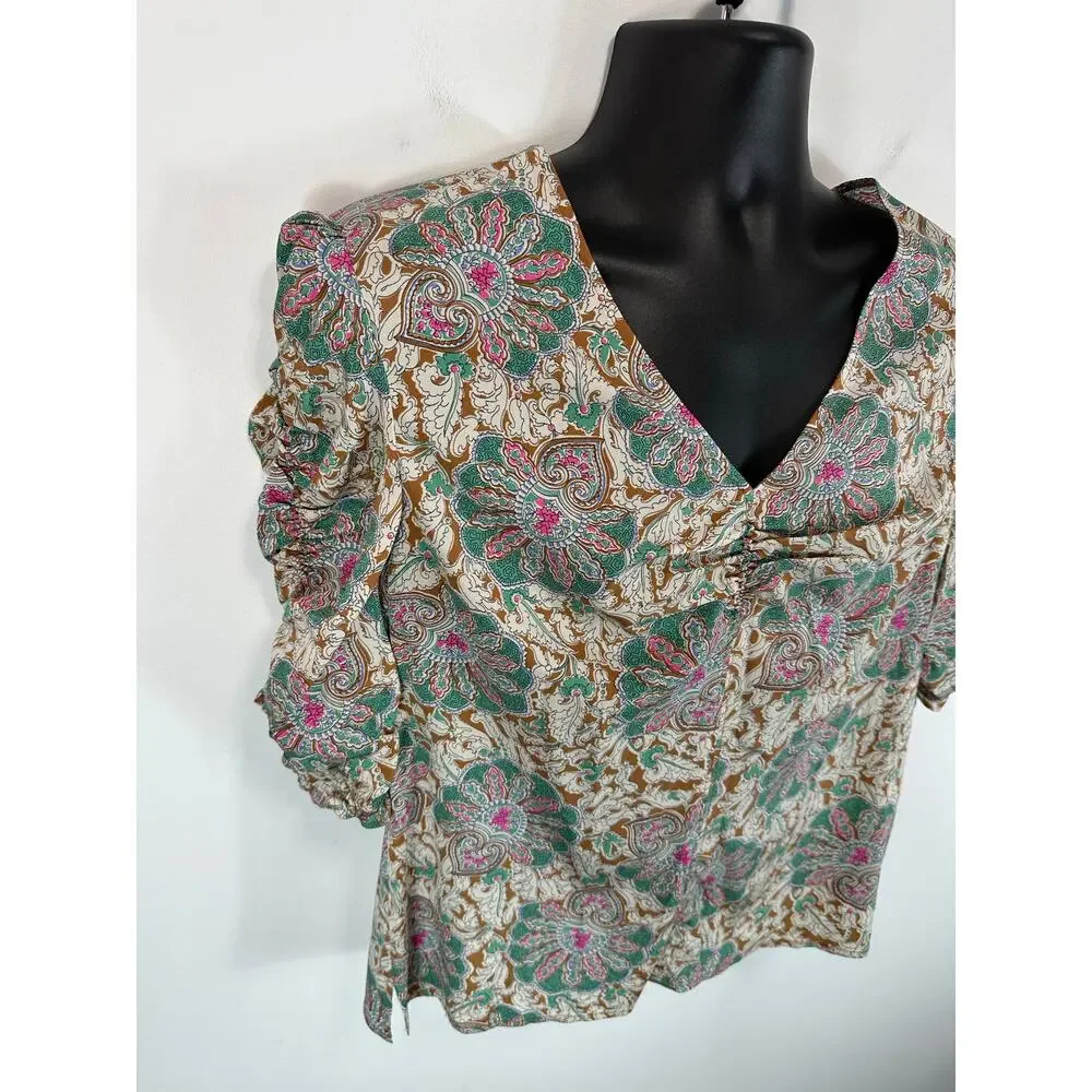 Veronica Beard Henrieta Floral Top Silk Stretch Sz 12 Half Sleeve V Neck Preppy - Picture 10 of 15